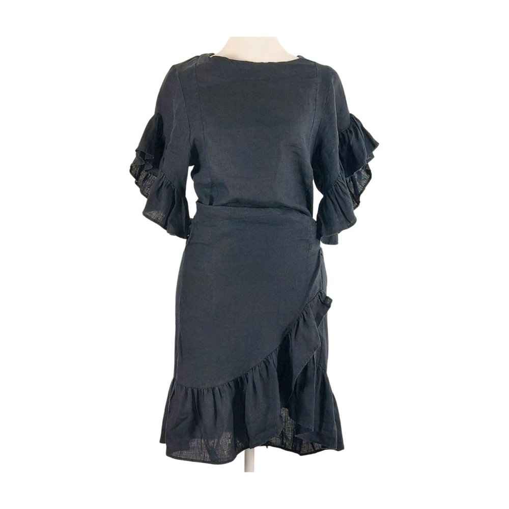 Isabel Marant Etoile Delicia Black Linen Wrap Mini Dress Size 34